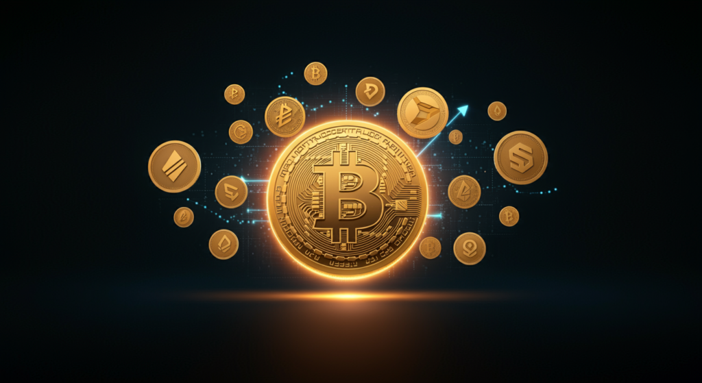 Glowing Bitcoin Symbol Surrounded By Smaller Cryptocurrency Icons, Symbolizing The Importance Of Market Cap In Crypto