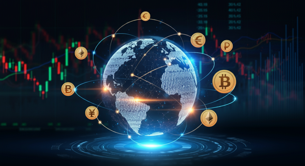 Glowing Globe Surrounded By Cryptocurrency Symbols And Digital Market Data Visuals, Representing The Global Crypto Market Capitalization