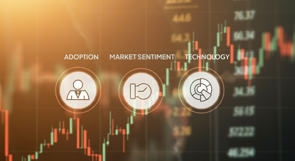 Icons Representing Adoption, Market Sentiment, And Technology As Factors Influencing Cryptocurrency Market Caps