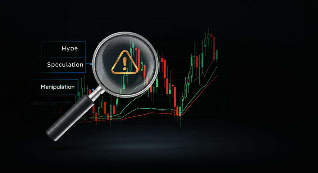 Illustration Of A Magnifying Glass Highlighting Misconceptions In The Crypto Market Cap, Including Hype And Manipulation