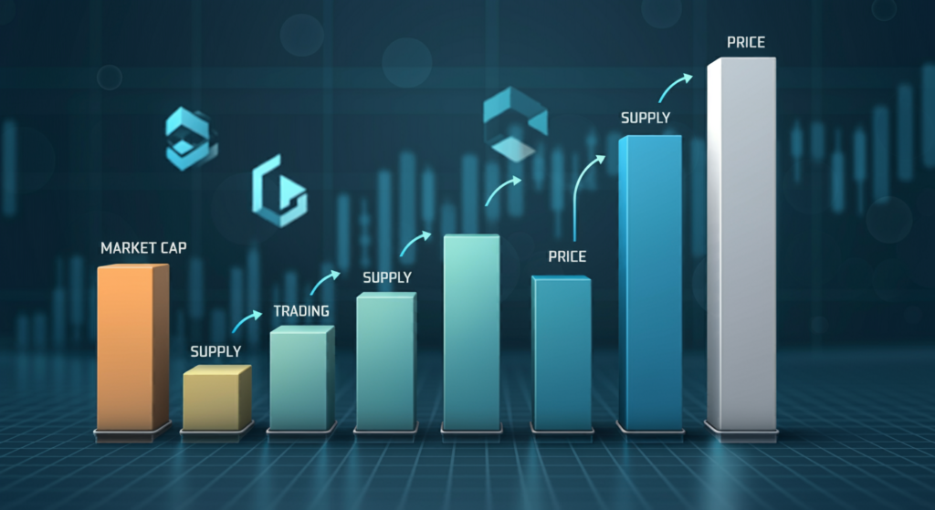 Infographic Explaining The Relationship Between Market Cap, Trading Volume, Supply, And Price In Cryptocurrency.