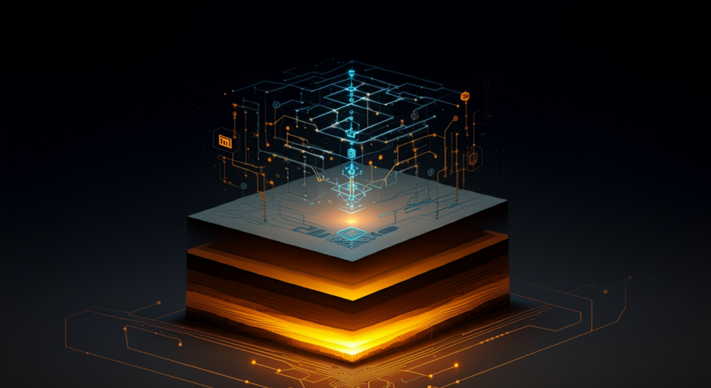 Abstract Illustration Of A Glowing Foundational Structure With Blockchain Symbols Like Interconnected Chains And Nodes.