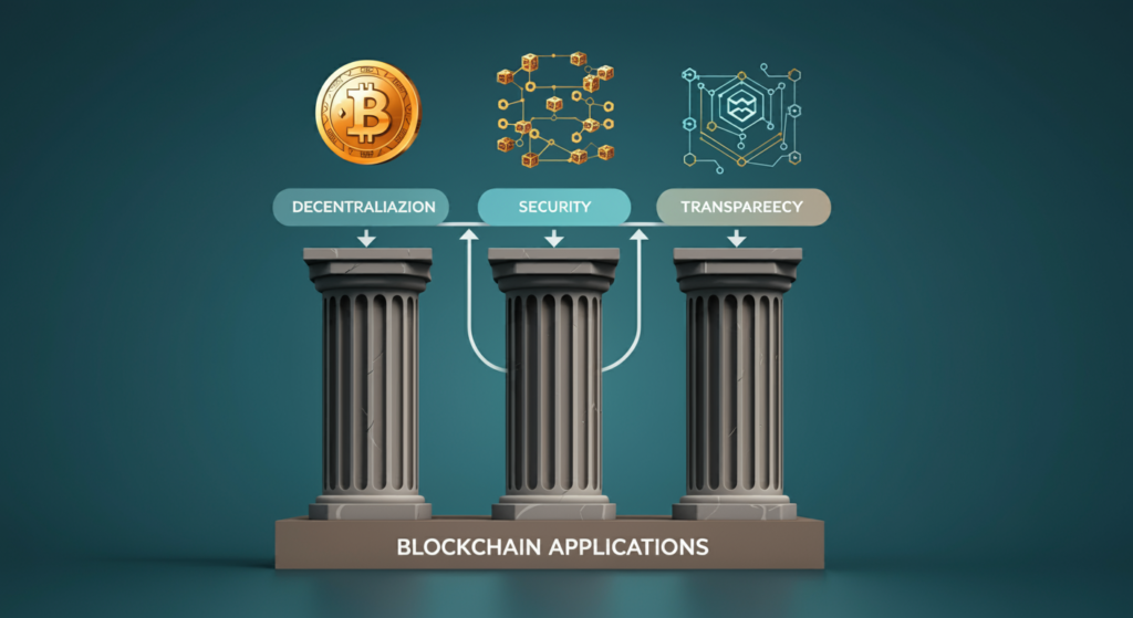 Diagram Showing Three Pillars Labeled Decentralization, Security, And Transparency Supporting A Platform With Cryptocurrency, Smart Contract, And Dapp Icons.