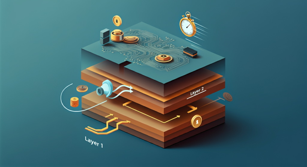 Illustration Of A Two Layer Blockchain System, With Layer 1 Representing The Main Blockchain And Layer 2 Handling Fast, Low Cost Transactions.